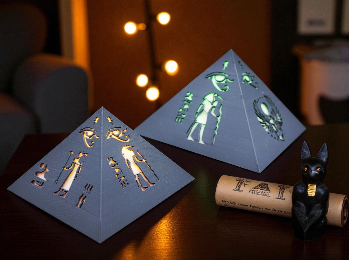 Pyramid Table Lamps Set with Egyptian Design
