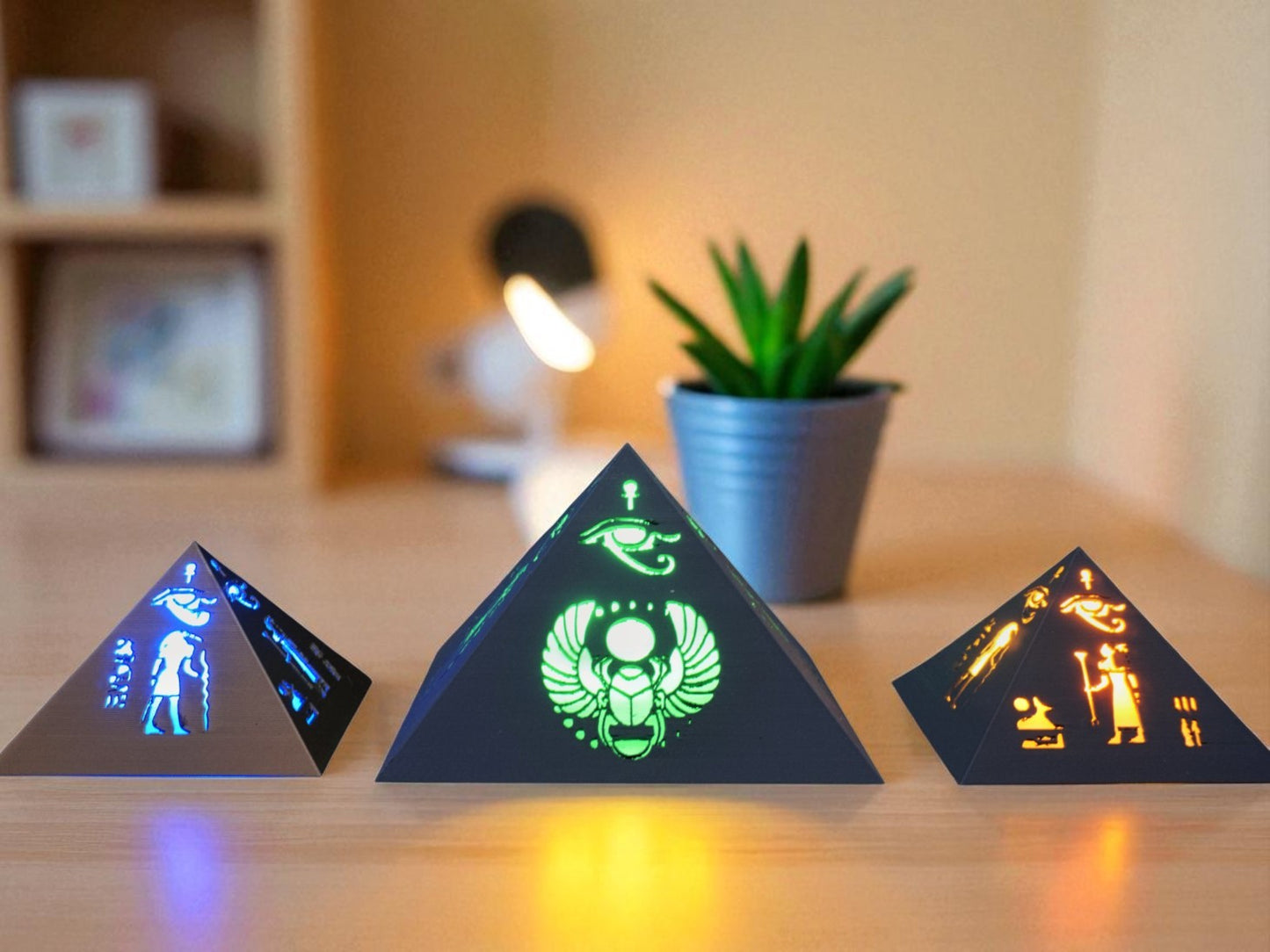 Pyramid Table Lamps Set with Egyptian Design